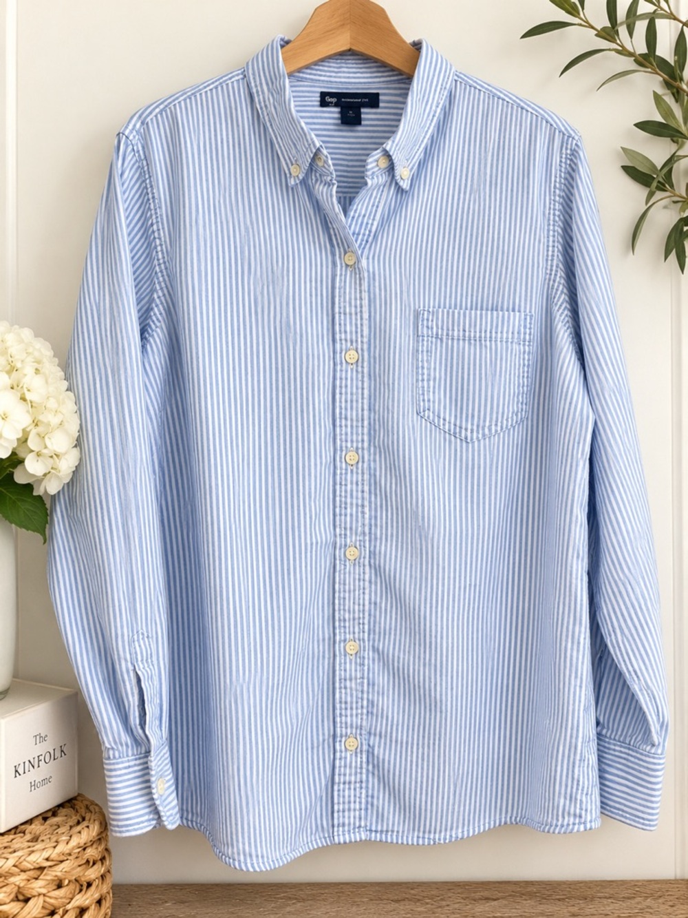 Gap Boyfriend Fit Oxford Shirt Blue White Stripe 100% Cotton Size L